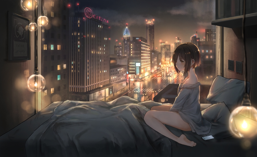 动漫少女晚上坐在床上深思的看着城市的夜景、高清4k动漫壁纸动漫女孩等你来下载
