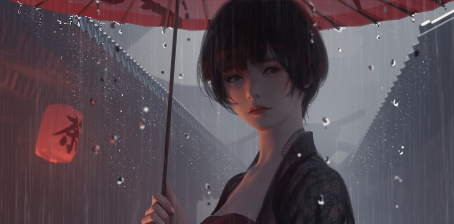 红灯笼下打伞的动漫美女满眼泪水的凝望着您、巷子里雨一直下让人怜惜、4K高清动漫壁纸