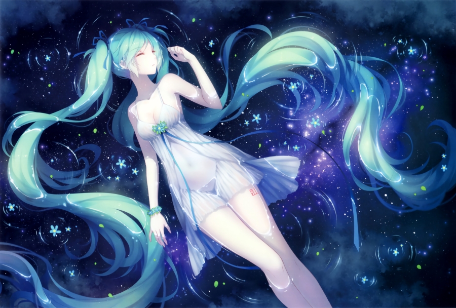 初音未来水中躺、透明的睡衣呈现凸凹有致的动漫少女美、唯美蓝色系4k动漫壁纸