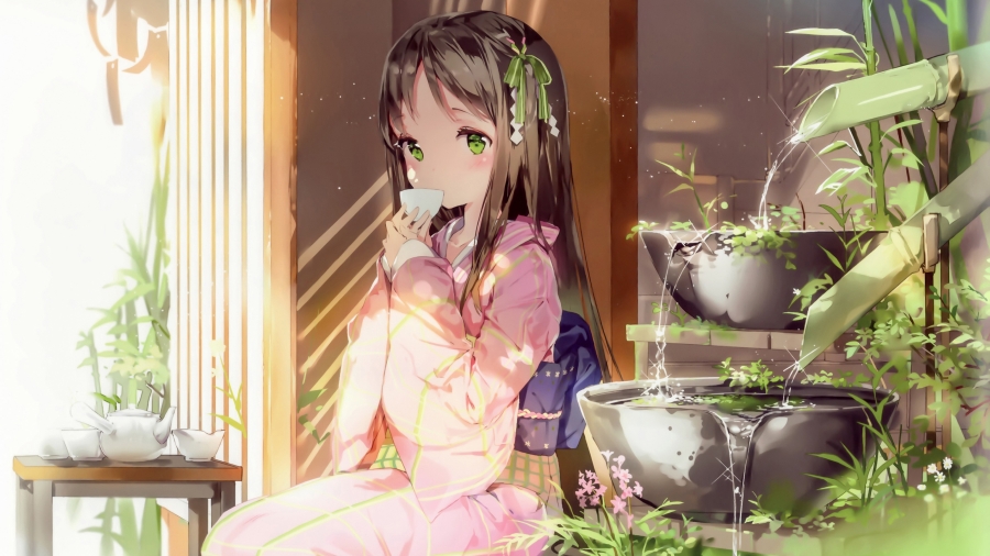 动漫少女坐在园林的门口品茶小憩、和服的少女服饰小嘴微红的4K高清动漫壁纸