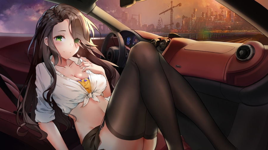 汽车里面的动漫少女、绿色眼睛女生白色短衬衫露沟黑色裤袜的性感动漫诱惑少女4K动漫壁纸