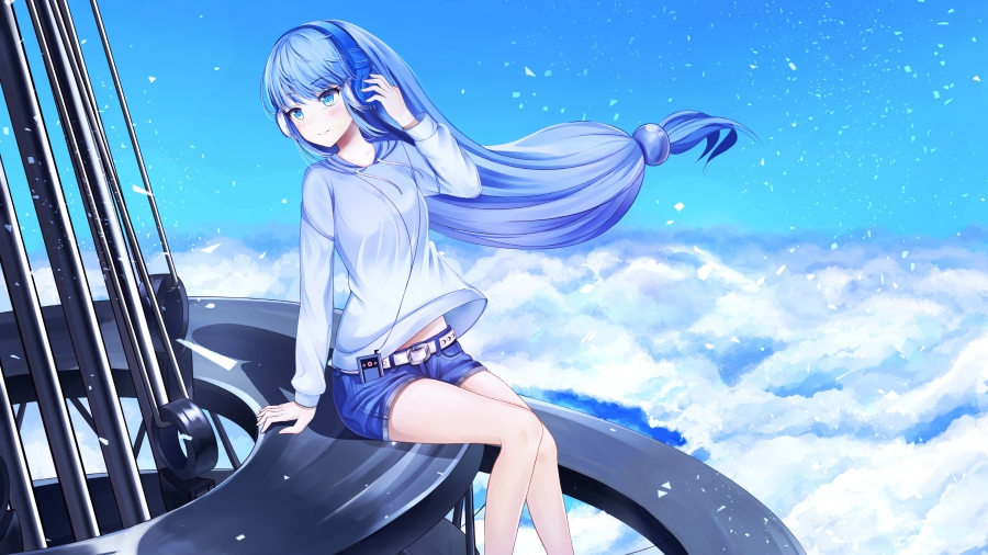 牛仔短裤动漫少女在蓝色天空的风景、长头发少女听着音乐的唯美4k动漫壁纸