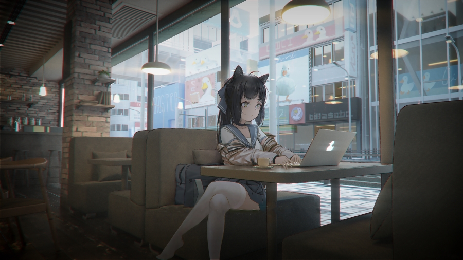 兽耳、百褶裙、丝袜的动漫女孩在咖啡店玩着电脑、学生装的动漫女孩没有注意街道的情景、大长腿的女孩4K高清动漫壁纸
