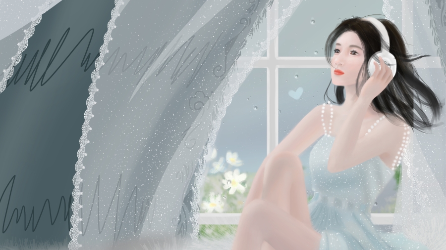 原创动漫女孩壁纸、唯美风景描述巴图BATU坐在窗前通过窗帘看着外面的雨珠、小清新女孩5K高清动漫壁纸
