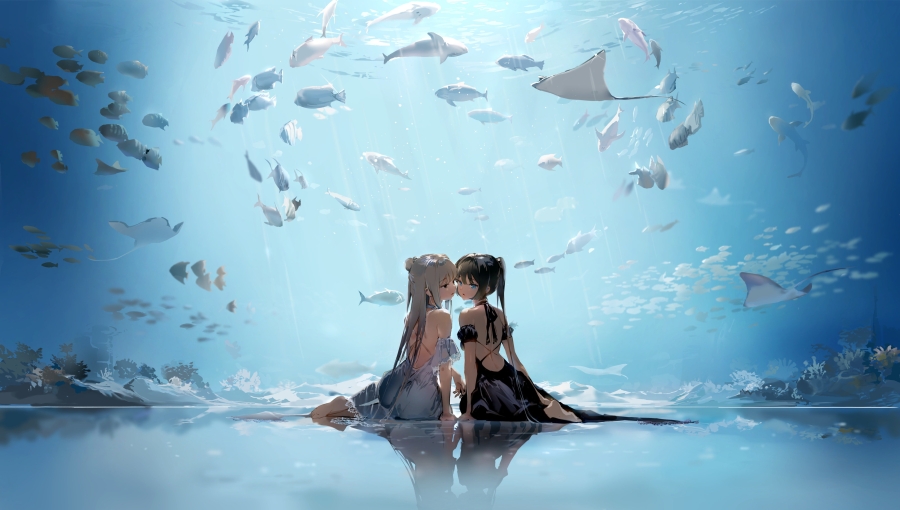 两个动漫少女水族館看鱼、赤足露背唯美壁纸风景、玩水湿身迷人眼神的4k高清动漫壁纸