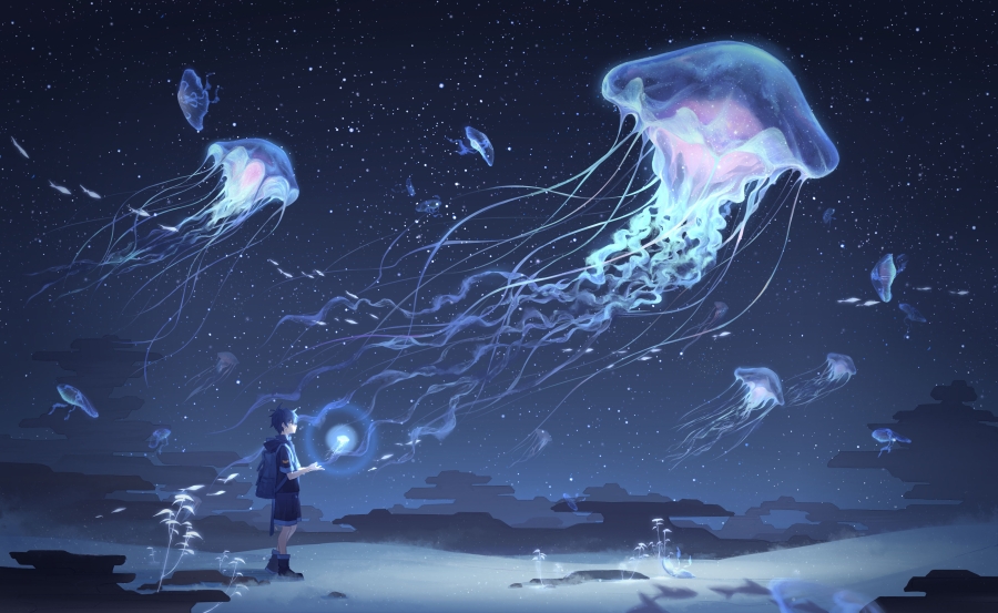 星空水母下唯美壁纸、动漫男孩行走在唯美的夜景下的4k动漫壁纸