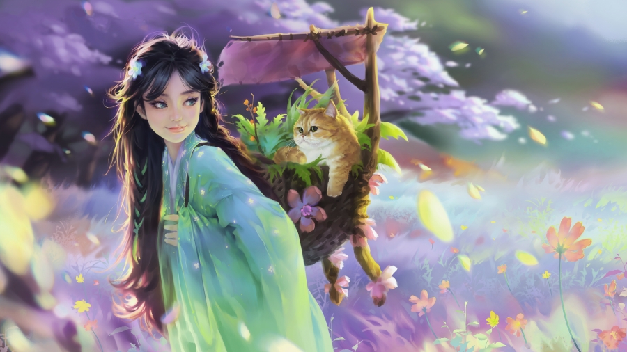 花丛中的动漫女孩背着背篓去采药草、猫咪陪伴的动漫少女5K高清动漫壁纸下载