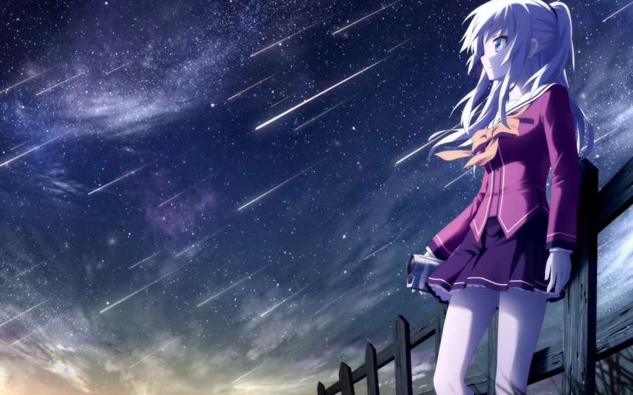 Charlotte夏洛特动漫高清4k壁纸、夜空下看流星的动漫美女