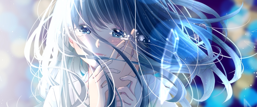 蓝色长发动漫少女、双手抚摸脸面抹去眼泪的带鱼屏3440x1440动漫壁纸