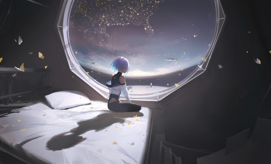 4k太空唯美壁纸、赛博朋克、边缘行者 Cyberpunk_ Edgerunners 船舱内的动漫女孩高清电脑壁纸