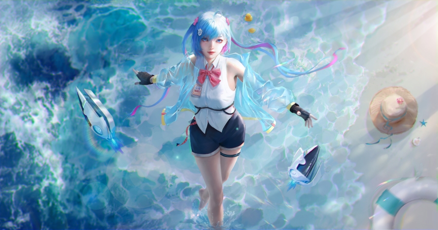 海滩边的性感动漫少女、厚涂少女插画大长腿的诱惑、短裤4k动漫壁纸