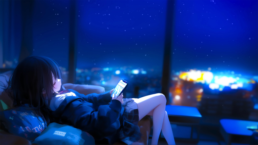 夜空下透明阳台下玩手机的动漫清纯少女，JK服装让您心生怜悯