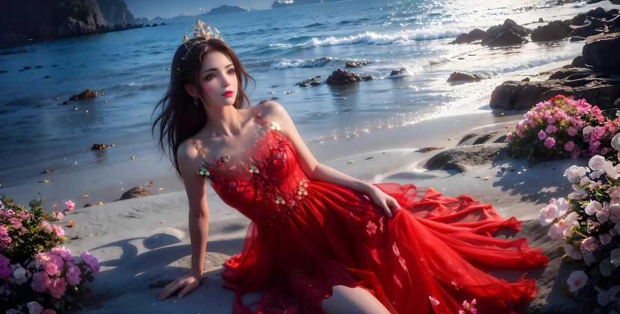 一个古风红色裙子美女躺在海滩，鲜花海滩漂亮的动漫女主，破苍穹4K壁纸